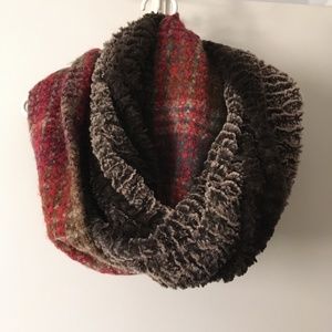 ANTHROPOLOGIE Red Plaid + Faux Fur Infinity Scarf